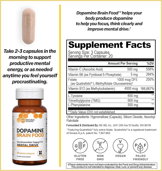 NATURAL STACKS Dopamine Focus Supplement w/L-Tyrosine - Promotes Mental Drive, Clarity & Focus - Dopamine Brain Food Supplement - Supports Mental Energy - 120 Capsules