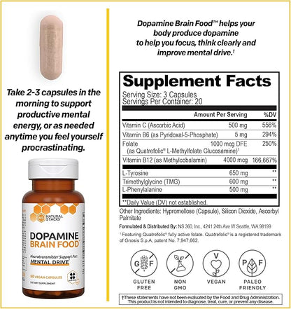 NATURAL STACKS Dopamine Focus Supplement w/L-Tyrosine - Promotes Mental Drive, Clarity & Focus - Dopamine Brain Food Supplement - Supports Mental Energy - 120 Capsules