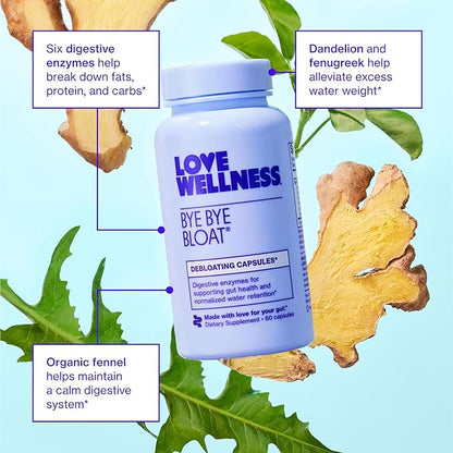 Love Wellness Bye Bye Bloat | Digestive Enzymes for Fast Acting Bloating Relief for Women | Helps Reduce Water Retention & Gas Relief | Supports Digestive Health with Fenugreek & Dandelion | 60 Count