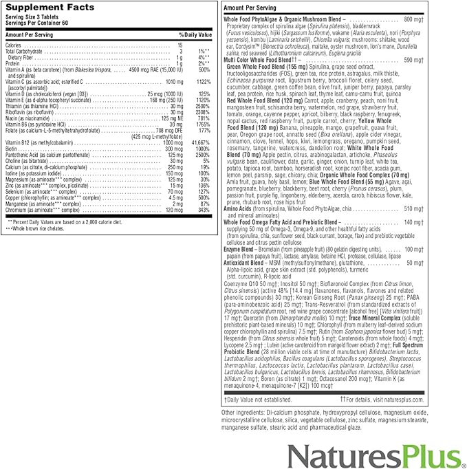 Natures Plus Source of Life Gold Multivitamin - 180 Tablets - with Vitamins D3 & B12 - Blood, Bone & Immune Support - Vegetarian & Gluten Free - 60 Servings