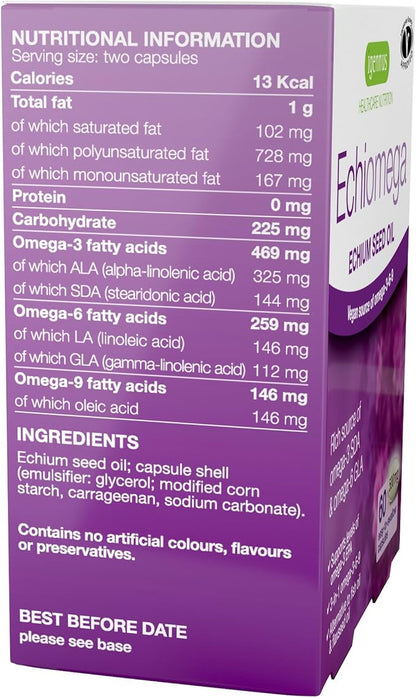 Echiomega Vegan Triple Omega 3 6 9 500 mg, Echium Seed Oil, EFA Supplement for Women with GLA, 60 Softgels