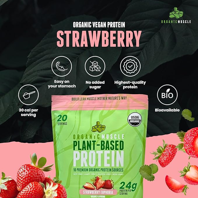 Organic Muscle Vegan Protein Powder - Plant Based Strawberry Multi-Sourced Protein Powder with Pea, Hemp, Brown Rice, Chia Seed & Amino Acids - Low Calorie for Muscle Growth & Speed Recovery