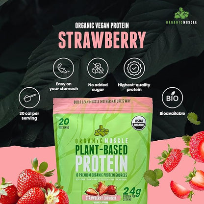 Organic Muscle Vegan Protein Powder - Plant Based Strawberry Multi-Sourced Protein Powder with Pea, Hemp, Brown Rice, Chia Seed & Amino Acids - Low Calorie for Muscle Growth & Speed Recovery