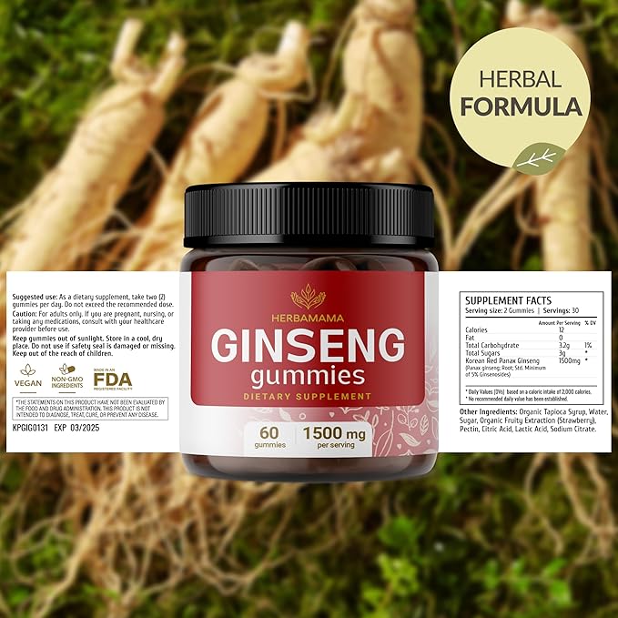 HERBAMAMA Korean Red Ginseng Gummies - 1500 mg Red Panax Ginseng Root Energy Supplements - Ginseng Supplement for Men and Women - Vegan, Gelatin-Free, Non-GMO - 60 Strawberry-Flavored Chews
