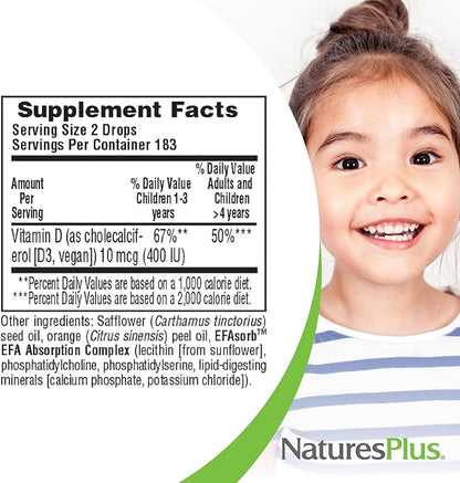 NaturesPlus Animal Parade Source of Life Liquid Vitamin D3 Drops for Children - 200 iu, 10 ML - Orange Flavor - Bone Health & Immune System Support Supplement - Gluten-Free, Vegetarian - 365 Servings