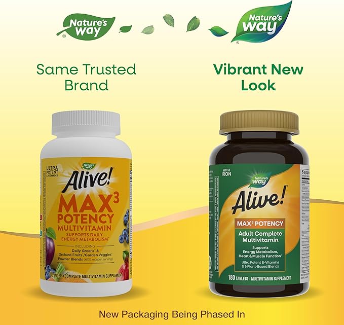 Nature's Way Alive! Max3 Potency Adult Complete Multivitamin, Ultra Potency B-vitamins to Support Energy Metabolism*, with Methylated B12 and Folate, 180 Tablets (Packaging May Vary)