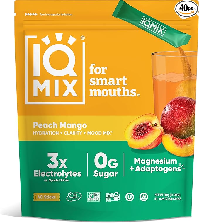 IQMIX Sugar Free Electrolytes Powder Packets - Hydration Supplement Drink Mix with Keto Electrolytes, Lions Mane, Magnesium L-Threonate, and Potassium Citrate - Peach Mango (40 Count)