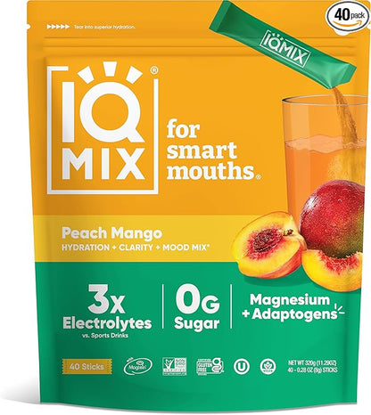 IQMIX Sugar Free Electrolytes Powder Packets - Hydration Supplement Drink Mix with Keto Electrolytes, Lions Mane, Magnesium L-Threonate, and Potassium Citrate - Peach Mango (40 Count)