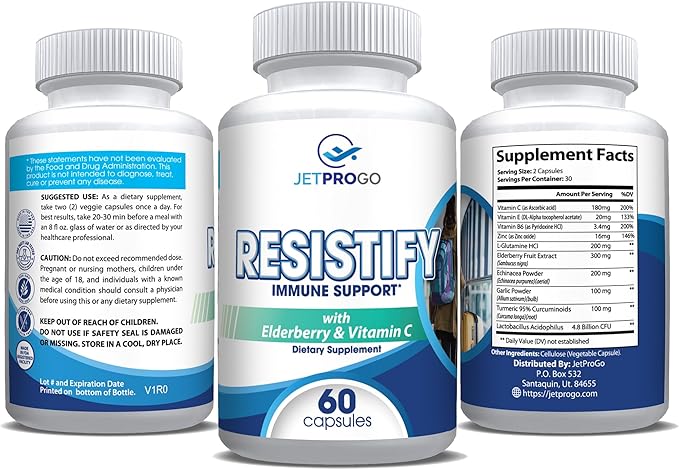 Resistify Adult Immune Support Supplement, Elderberry, Vitamin C, Zinc, Echinacea, Ginger, Probiotic and More, 60 Count