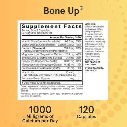 Jarrow Formulas BoneUp - 120 Capsules - 60 Servings - For Bone Support & Skeletal Nutrition - Includes Naturally Derived Vitamin D3, K2 (as MK-7) & 1000 mg Calcium - Gluten Free - Non-GMO