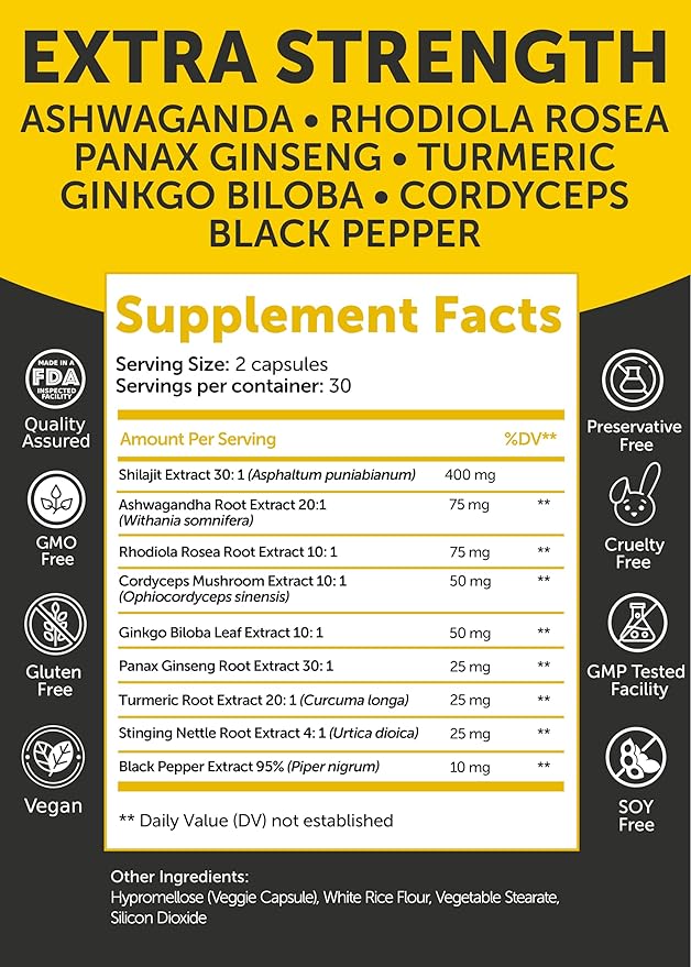 Lunakai USA Made Pure Shilajit Capsules 12000mg with Ashwagandha, Rhodiola & Cordyceps - Extra Strength Shilajit Extract for Men & Women, 60ct