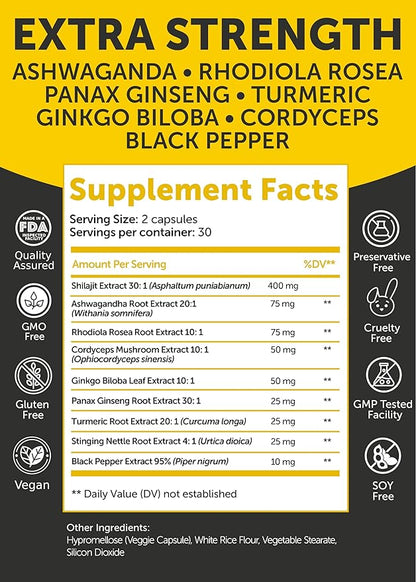 Lunakai USA Made Pure Shilajit Capsules 12000mg with Ashwagandha, Rhodiola & Cordyceps - Extra Strength Shilajit Extract for Men & Women, 60ct