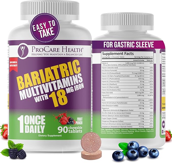Procare Health Bariatric chewable Multivitamin with Iron 18mg (90 Tablets) - Fruit Punch Flavor Bariatric Multivitamin Chewable Pills for Gastric Bypass & Sleeve Gastrectomy Patients* (3 Month Supply)