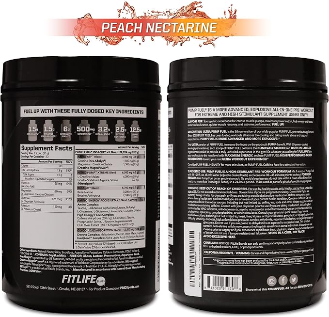 PMD Sports Ultra Pump Fuel - Pre Workout Drink Mix - Energy, Strength, Endurance, Recovery - Complex Carbohydrates and Amino Energy-Peach Nectarine (30 Servings)