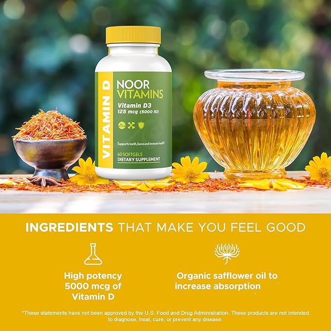 Noor Vitamins Halal Vitamin D, Halal Vitamin D3, 5000 IU Softgels, Supports Bone, Immune & Heart Health, from Safflower Oil to Maximize Absorption, Non-GMO, Gluten Free & Halal (60 Count)…