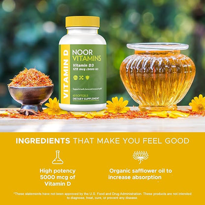 Noor Vitamins Halal Vitamin D, Halal Vitamin D3, 5000 IU Softgels, Supports Bone, Immune & Heart Health, from Safflower Oil to Maximize Absorption, Non-GMO, Gluten Free & Halal (60 Count)…
