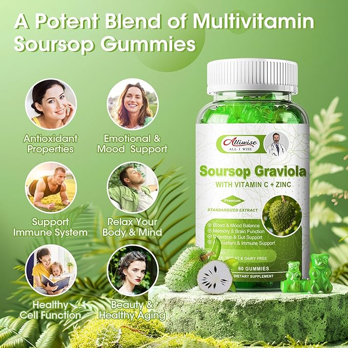 Natural Soursop Graviola Gummies Supplement, Original Soursop Leaves Extract with Vitamins C & Zinc for Women & Men, Multivitamin Soursop Fruit Supplement for Immunity & Antioxidant & Energy