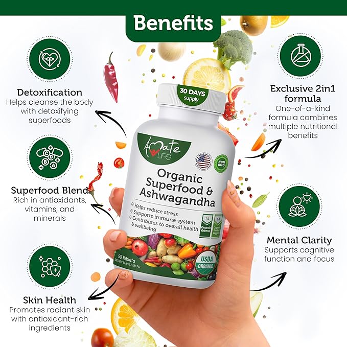 Organic Superfood Greens Fruits and Veggies Complex with Ashwagandha - 2 in 1 Supplement with 14 Greens and 14 Fruits & Vegetables with Organic Ashwagandha Rich in Antioxidants - Non-GMO 90 Tablets