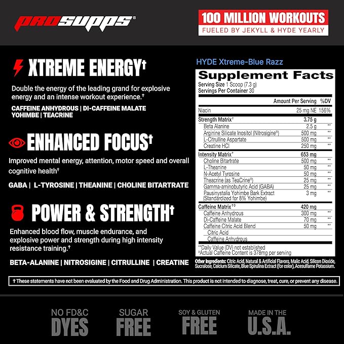 PROSUPPS® Mr. Hyde® Xtreme Pre-Workout Powder Energy Drink - Intense Sustained Energy, Pumps & Focus with Beta Alanine, Creatine & Nitrosigine, (30 Servings, Blue Razz)