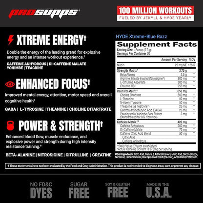 PROSUPPS® Mr. Hyde® Xtreme Pre-Workout Powder Energy Drink - Intense Sustained Energy, Pumps & Focus with Beta Alanine, Creatine & Nitrosigine, (30 Servings, Blue Razz)