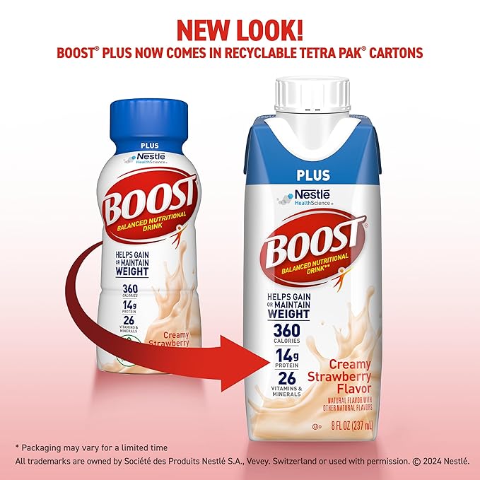 BOOST Plus Ready to Drink Balanced Nutritional Drink, Creamy Strawberry, 8 Fl Oz (Pack of 24)