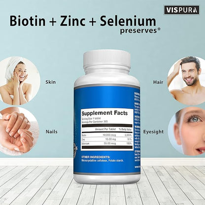 Biotin 10000 mcg + Zinc + Selenium, Pure, Vegan & Extra Strong, Best Supplement for Hair Growth, Glowing Skin, Strong Nails*, 365 Tablets for 12 Months, Natural Without Additives