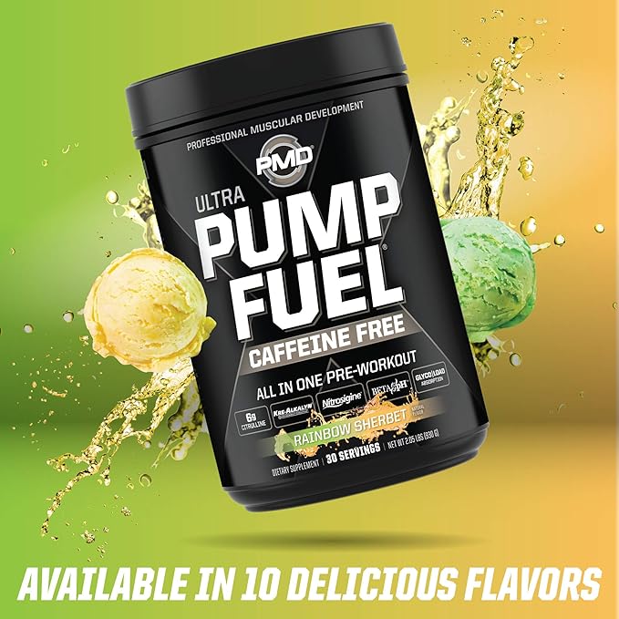 PMD Sports Ultra Pump Fuel Caffeine Free - Pre Workout Drink Mix - Energy, Strength, Endurance, Recovery Complex Carbohydrates and Amino Energy - Rockin Rainbow Sherbet (30 Servings)