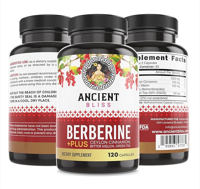Ancient Bliss Berberine HCL 1200mg with Ceylon Cinnamon, Bitter Melon, and Green Tea Extract - 120 Capsules Supports Glucose Metabolism, Immune System