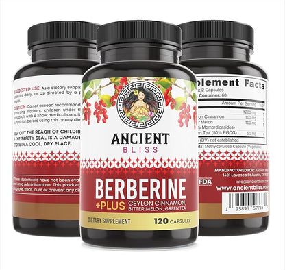 Ancient Bliss Berberine HCL 1200mg with Ceylon Cinnamon, Bitter Melon, and Green Tea Extract - 120 Capsules Supports Glucose Metabolism, Immune System
