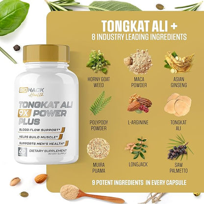 BioHack Health | #1 New 9 in 1 Tongkat Ali Max | Fast Acting Blood Flow, Increase Mood & Stamina | Ultra Dosed Formula w/ 9 Powerful Ingredients | Lonjack, L-Arginine | USA Made - 60 Capsules