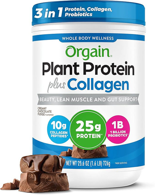 Orgain Protein Powder + Collagen, Creamy Chocolate Fudge - 25g of Protein, 10g Collagen Peptides, Type I & III, 1B CFU Probiotics, Supports Hair, Skin, Nail, Joint & Gut Health, Gluten Free - 1.6lb