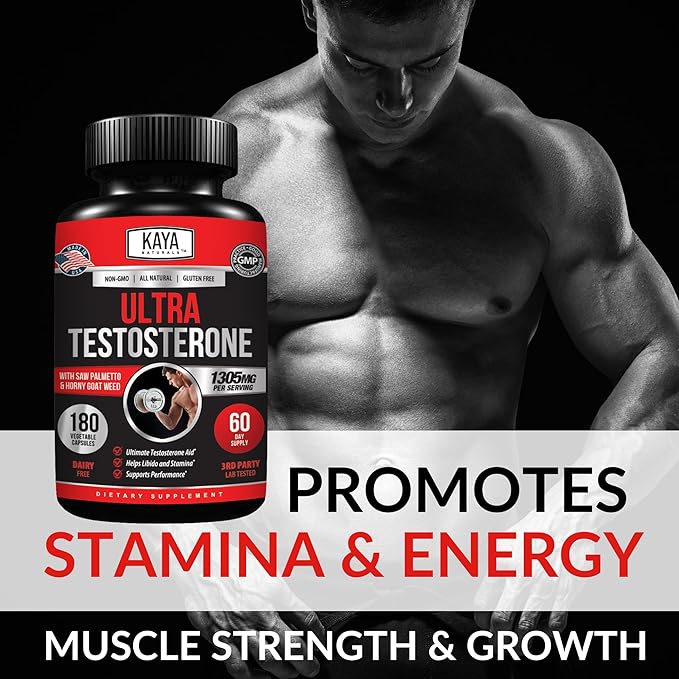 Kaya Naturals UltraTest- Men's T Booster with Tongkat Ali, Horny Goat Weed, Tribulus - Natural Workout Supplement for Energy, Stamina, and Strength Booster - 180 Count