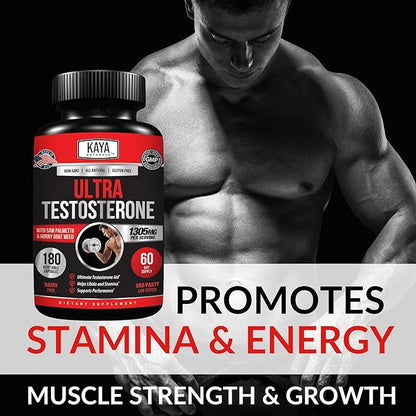 Kaya Naturals UltraTest- Men's T Booster with Tongkat Ali, Horny Goat Weed, Tribulus - Natural Workout Supplement for Energy, Stamina, and Strength Booster - 180 Count