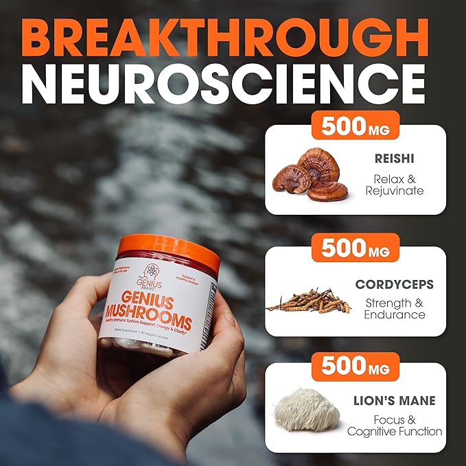 Genius Mushroom Supplement - Lions Mane, Cordyceps, Reishi - Brain Nootropic for Energy, Focus, Overall Wellness, & Immune Support, 180 Veggie Pills