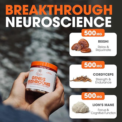 Genius Mushroom Supplement - Lions Mane, Cordyceps, Reishi - Brain Nootropic for Energy, Focus, Overall Wellness, & Immune Support, 180 Veggie Pills