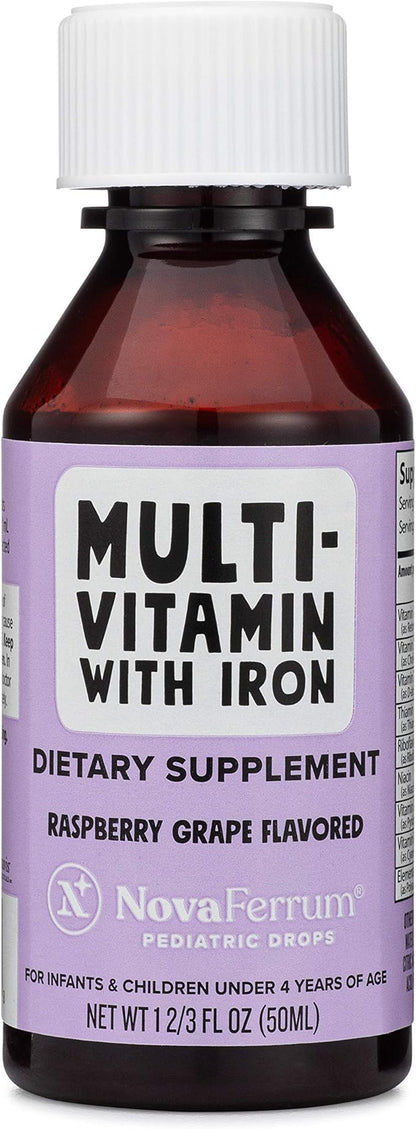 NovaFerrum Yum | Multivitamin with Iron for Infants, Toddlers & Kids | Immune Support | Ages 4 & Under | Gluten Free Certified | Sugar Free | Raspberry Grape | 50 Servings