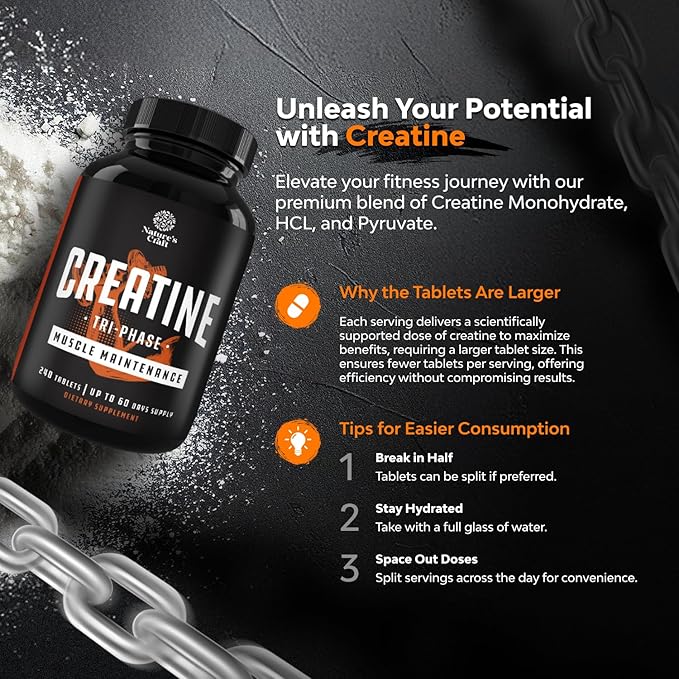 High Strength Tri Phase Creatine Pills - Muscle Mass Gainer and Muscle Recovery Creatine HCL Pyruvate and Creatine Monohydrate Pills-Optimal Muscle Builder Creatine Supplement for Men and Women-240ct