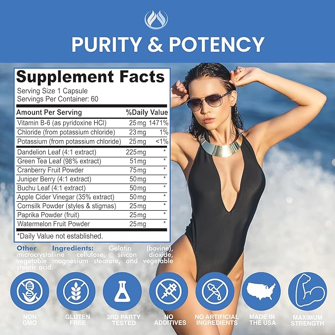 Water Pills Diuretic for Water Retention, Detox, Liver, Kidney Cleanse, Weight, Swelling & Bloating Relief. Green Tea, Cranberry, Apple Cider Vinegar, Dandelion, Vitamin B6, Chloride, Potassium (3)