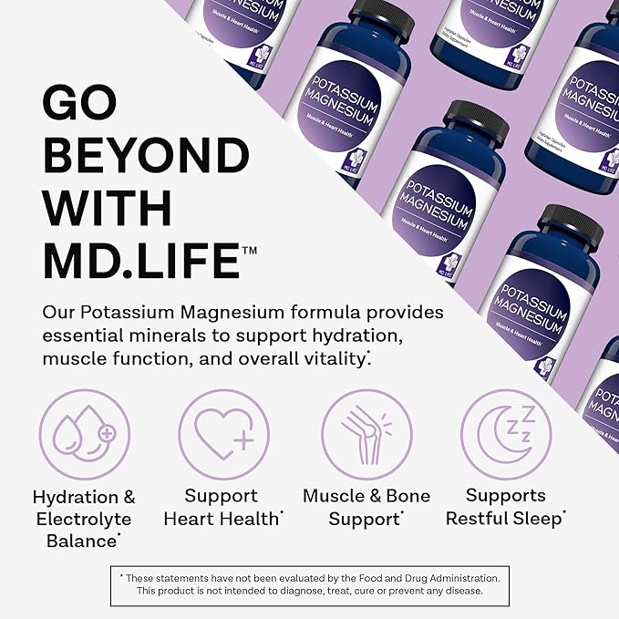 MD. Life Magnesium Potassium Supplement - 30 Capsules - High Absorption Magnesium Complex - Magnesium Supplement to Support Vascular Health & Leg Cramp 30cts