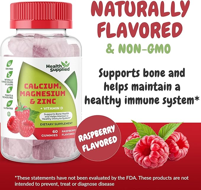 Calcium Magnesium & Zinc + Vitamin D Gummies | Bone Health Immune Health Energy and Muscle Function | Daily Dietary Vitamin Supplement | for Adults, Teens | Fruity Raspberry Flavor
