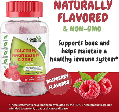 Calcium Magnesium & Zinc + Vitamin D Gummies | Bone Health Immune Health Energy and Muscle Function | Daily Dietary Vitamin Supplement | for Adults, Teens | Fruity Raspberry Flavor