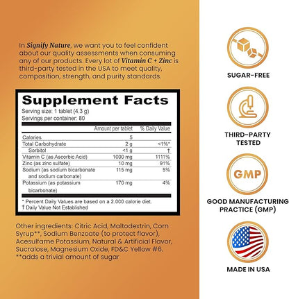 SIGNIFY NATURE Vitamin C 1000mg Effervescent Tablets - Potent Immune Support VIT C with Zinc Supplement - Sugar-Free & Vegan Formula | Dissolvable Vitamin C Tablets - Water Soluble Fizzy Elixir - 80CT