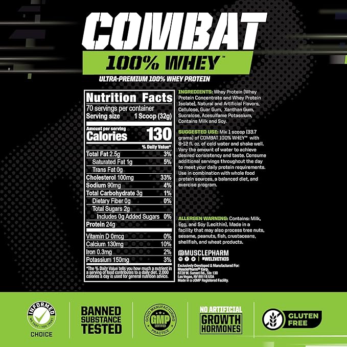 MusclePharm Combat 100% Whey Protein Powder, Vanilla Flavor, Fast Recovery & Muscle Gain with Whey Protein Isolate, High Protein Powder for Women & Men, Gluten Free, 5 lb, 70 Servings