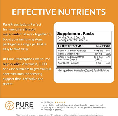Perfect Immune Support Supplement with Vitamin C and D Plus Zinc and Vitamin A, 4 in 1 Immune Booster Vitamin Supplement, USA Made, GMO Free, Gluten Free, Veg Capsules - 60 Count