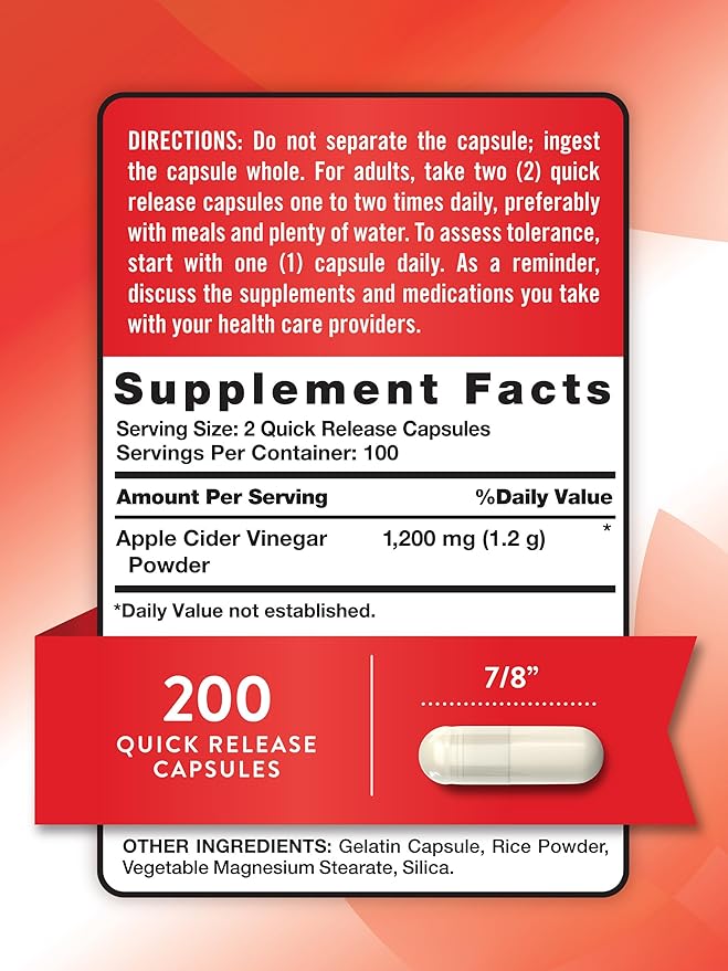 Nature's Truth Apple Cider Vinegar Capsules | 1200mg | 200 Pills | Extra Strength | Value Size | Non-GMO, Gluten Free Supplement