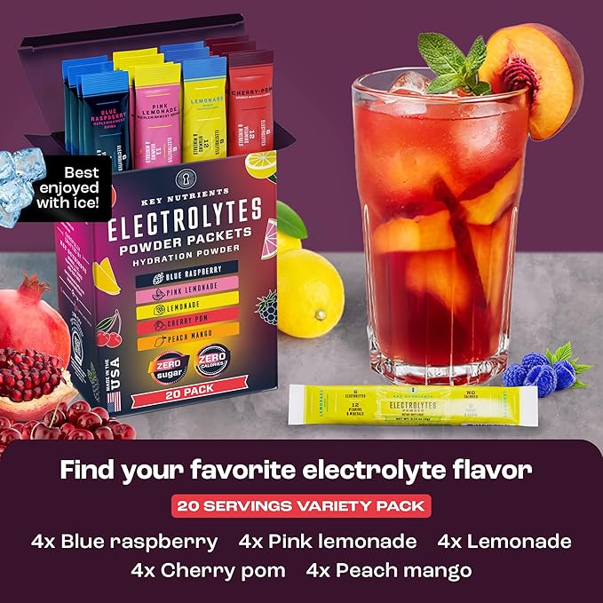 KEY NUTRIENTS Multivitamin 20 Pack Electrolytes Powder Packets No Sugar - 5 Delicious Flavors Post Workout and Recovery Hydration Packets - No Calories, Electrolytes Powder Packets