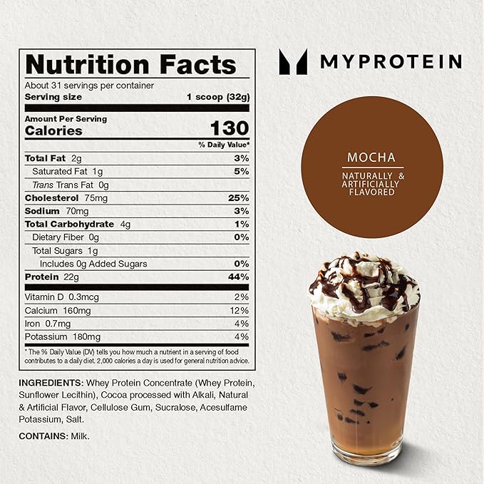 Myprotein Impact Whey Protein Powder, 2.2 Lbs (31 Servings) Mocha, 22g Protein & 5g BCAA Per Serving, Protein Shake for Superior Performance