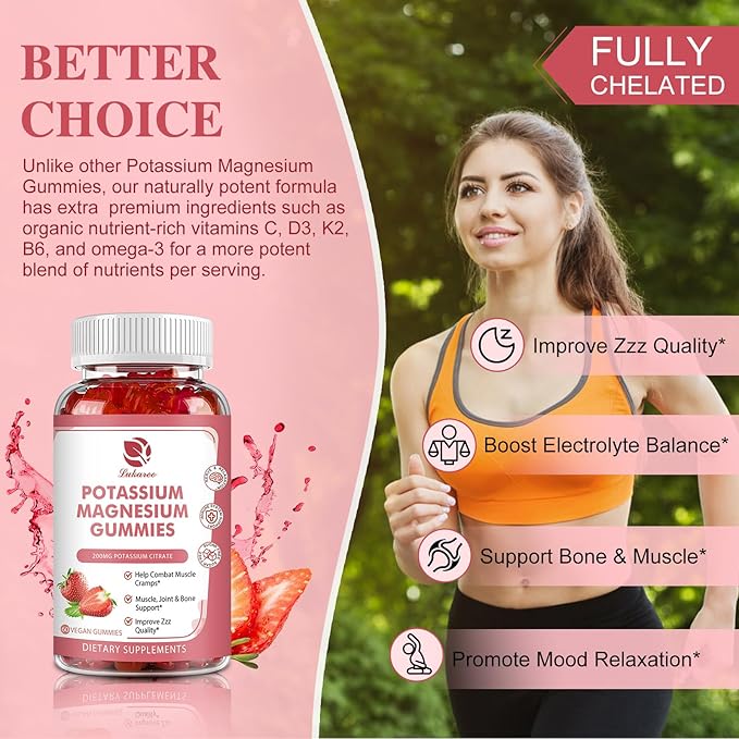 Potassium Magnesium Gummies - High Absorption Magnesium Glycinate 500mg & Potassium Citrate 200mg Plus Omega 3, B6, D3, K2 & Calcium - Chewable Gummy for Leg Cramps, Immunity & Energy - 60 Count