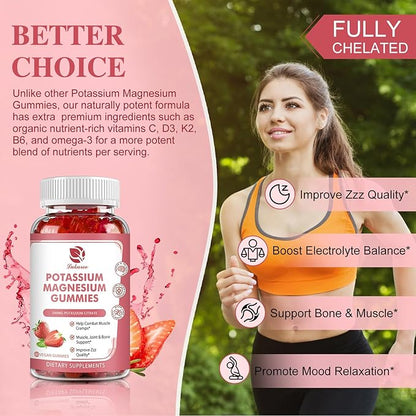 Potassium Magnesium Gummies - High Absorption Magnesium Glycinate 500mg & Potassium Citrate 200mg Plus Omega 3, B6, D3, K2 & Calcium - Chewable Gummy for Leg Cramps, Immunity & Energy - 60 Count