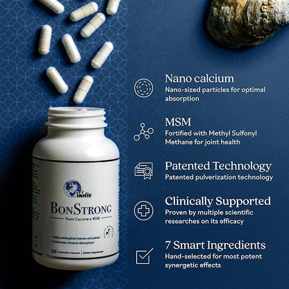 Nano Calcium Supplement with Vitamin D & MSM - Made with Advanced Nanotechnology for Higher Absorption - 120 Absorbable Calcium Pills, Bone Density Supplements Women & Men - Made in USA